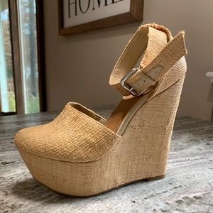 Shoe Cult Tan Woven Straw Platform Wedge